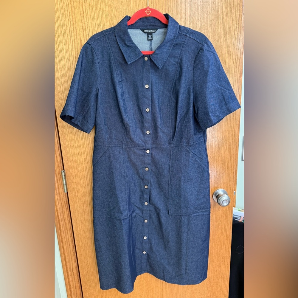 Nina Leonard Stretch Denim Fit-and-Flare Shirtdress NWOT